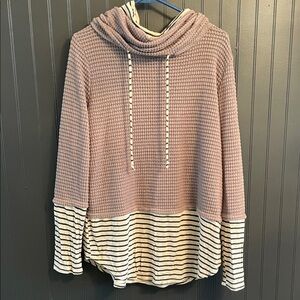 BiBi Mauve Waffle Knit Cowl Neck Sweater with Striped Hem